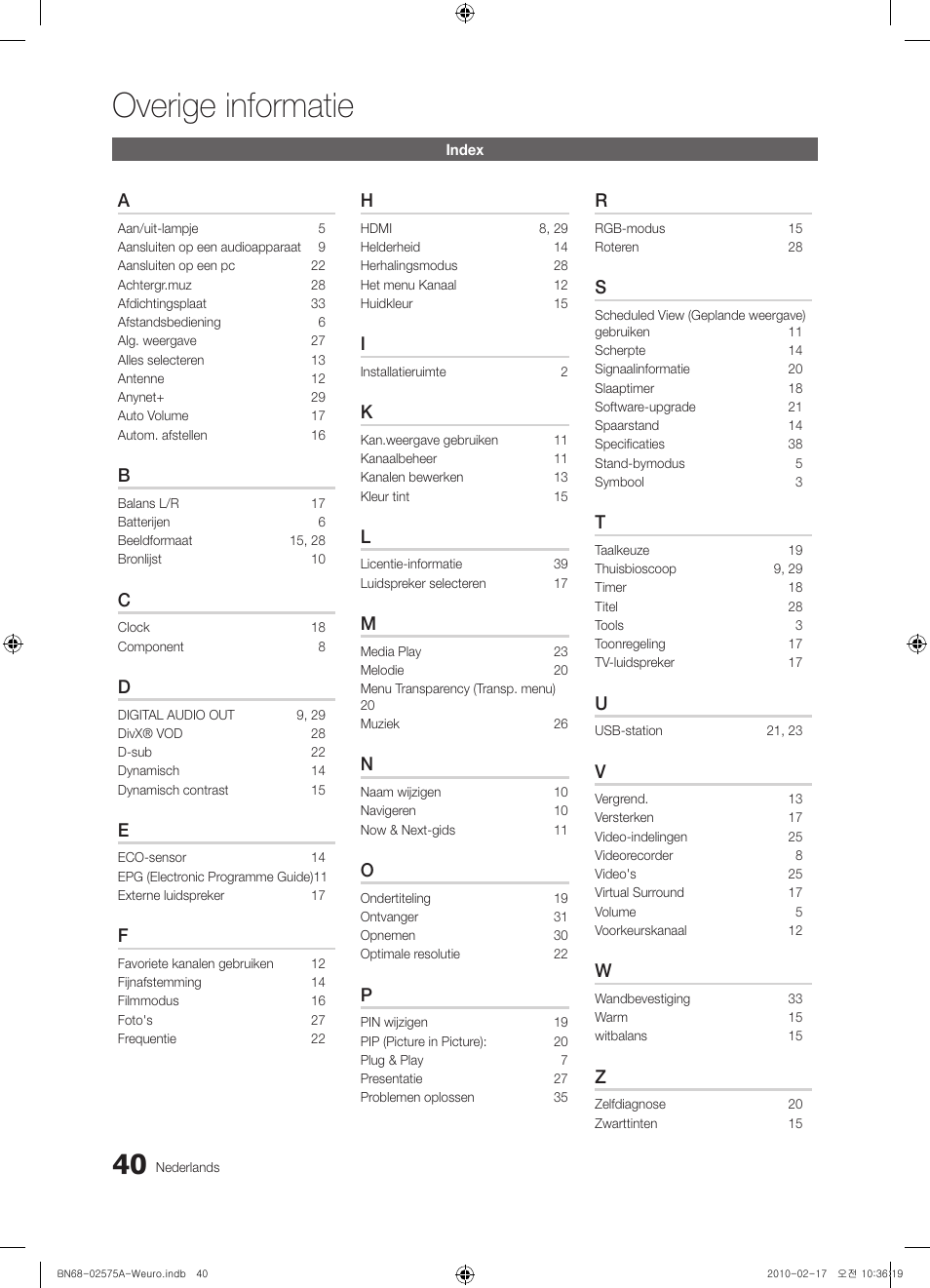 Overige informatie | Samsung PS50C450B1W User Manual | Page 160 / 361