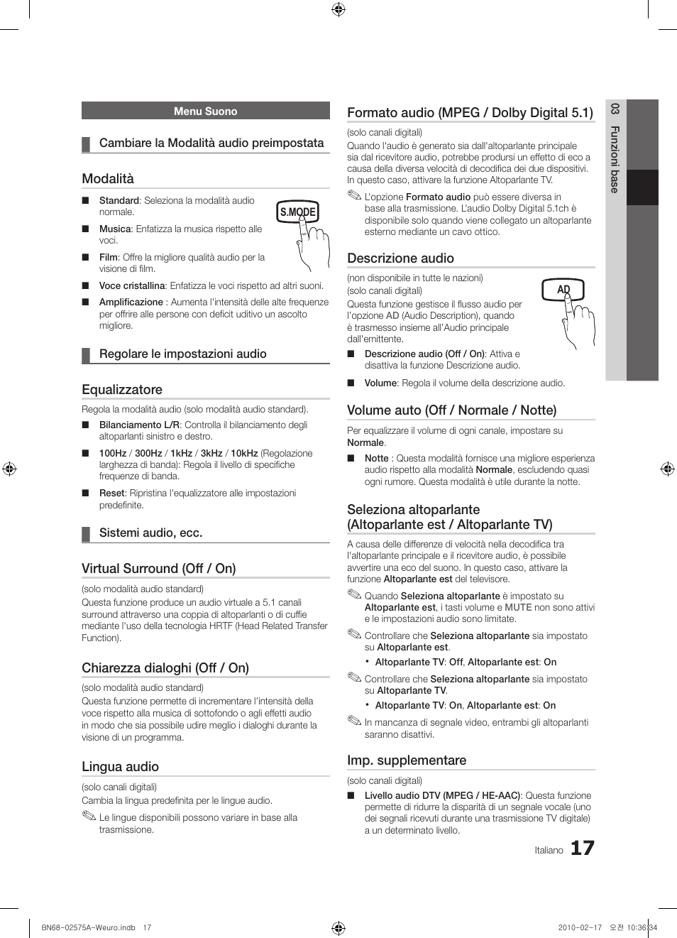 Modalità, Equalizzatore, Virtual surround (off / on) | Chiarezza dialoghi (off / on), Lingua audio, Formato audio (mpeg / dolby digital 5.1), Descrizione audio, Volume auto (off / normale / notte), Imp. supplementare | Samsung PS50C450B1W User Manual | Page 177 / 361