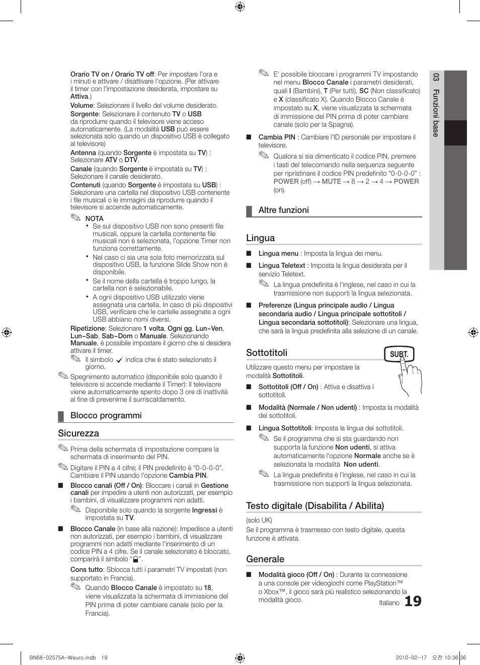 Sicurezza, Lingua, Sottotitoli | Testo digitale (disabilita / abilita), Generale | Samsung PS50C450B1W User Manual | Page 179 / 361