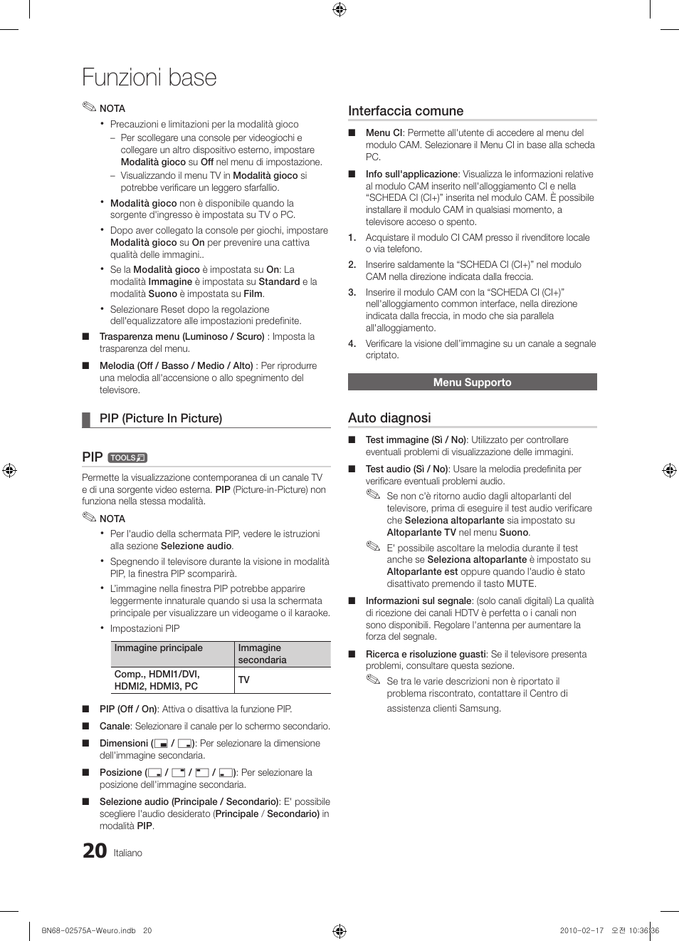 Funzioni base, Interfaccia comune, Auto diagnosi | Samsung PS50C450B1W User Manual | Page 180 / 361