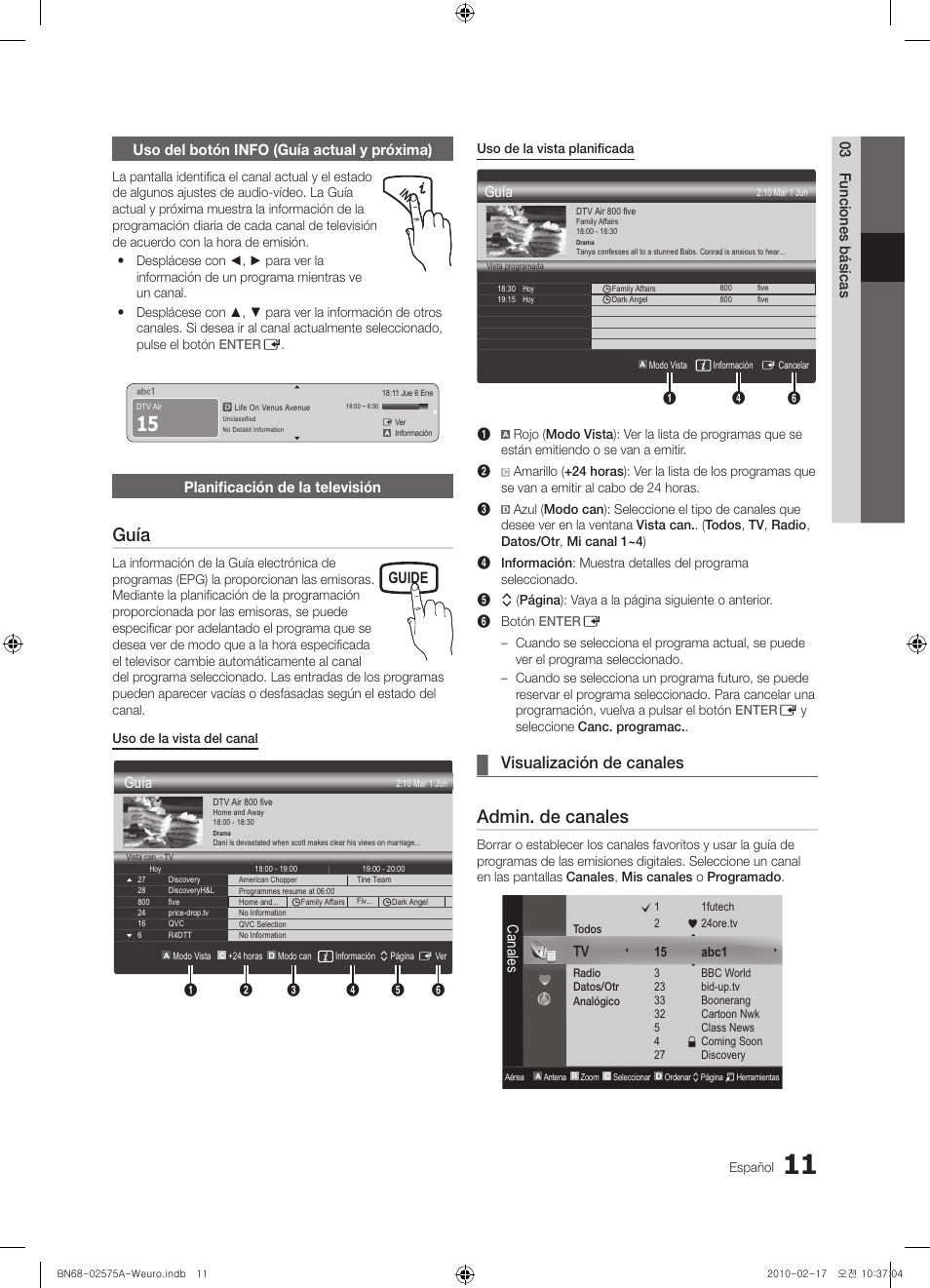 Guía, Admin. de canales, Visualización de canales | Guide, Planificación de la televisión, Canales | Samsung PS50C450B1W User Manual | Page 211 / 361