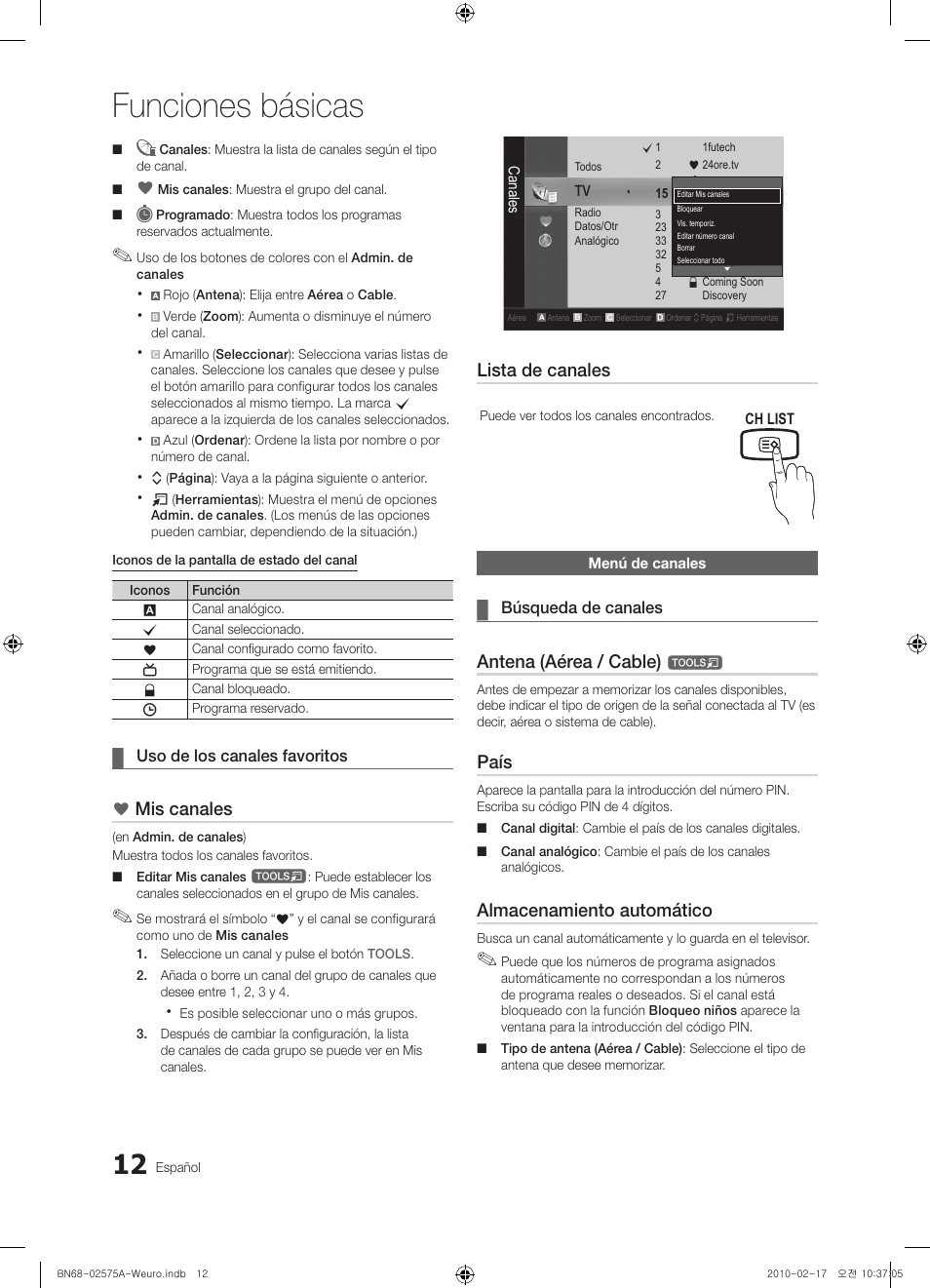 Funciones básicas, Mis canales, Lista de canales | Antena (aérea / cable), País, Almacenamiento automático | Samsung PS50C450B1W User Manual | Page 212 / 361