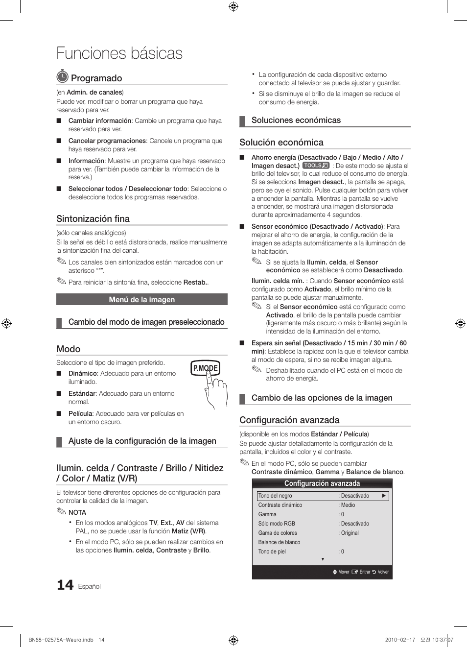 Funciones básicas, Programado, Sintonización fina | Modo, Solución económica, Configuración avanzada | Samsung PS50C450B1W User Manual | Page 214 / 361