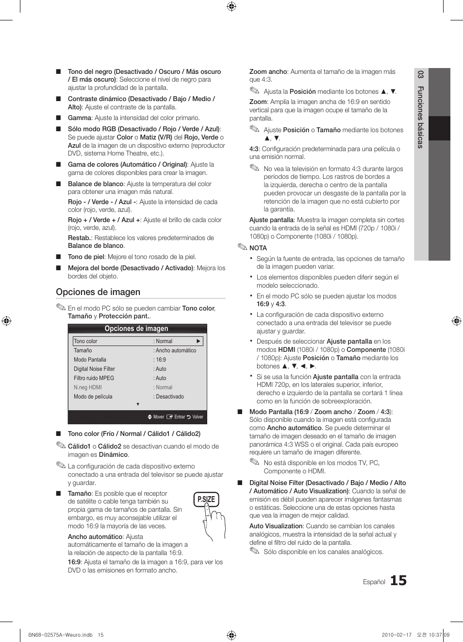 Opciones de imagen | Samsung PS50C450B1W User Manual | Page 215 / 361