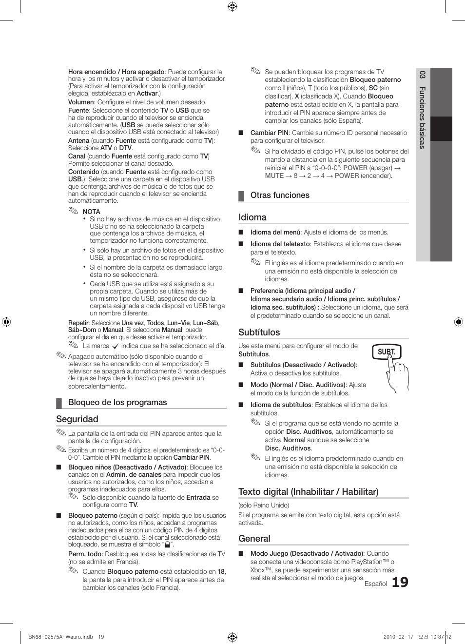 Seguridad, Idioma, Subtítulos | Texto digital (inhabilitar / habilitar), General | Samsung PS50C450B1W User Manual | Page 219 / 361