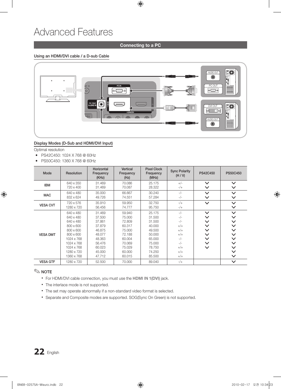 Advanced features | Samsung PS50C450B1W User Manual | Page 22 / 361