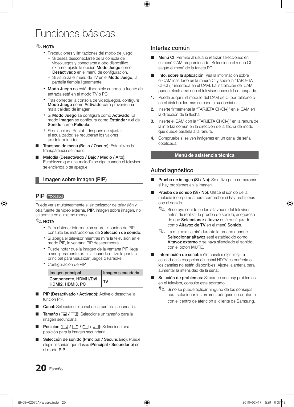 Funciones básicas, Interfaz común, Autodiagnóstico | Samsung PS50C450B1W User Manual | Page 220 / 361