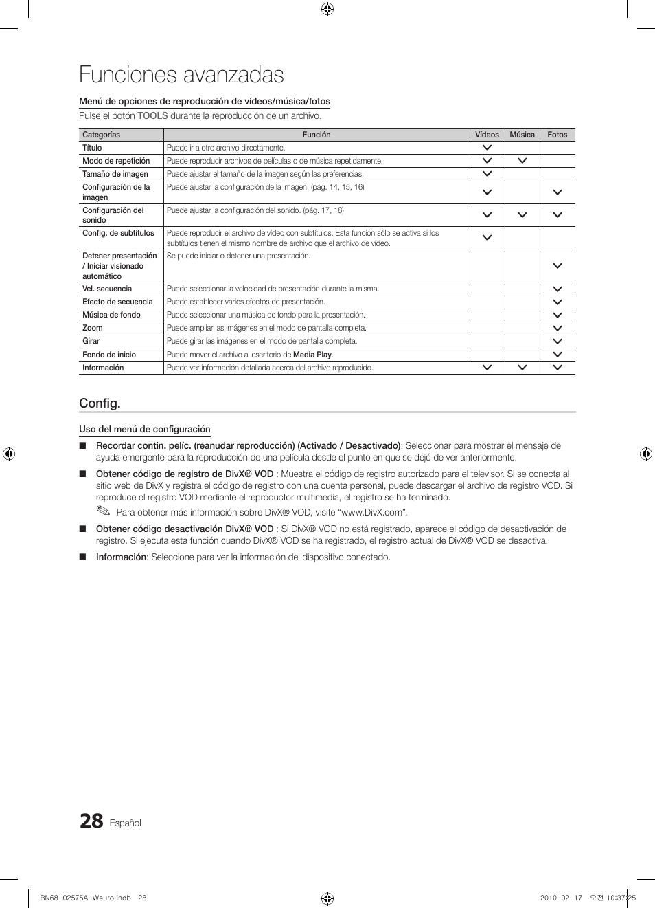 Funciones avanzadas, Config | Samsung PS50C450B1W User Manual | Page 228 / 361