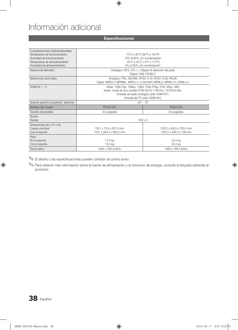 Información adicional | Samsung PS50C450B1W User Manual | Page 238 / 361
