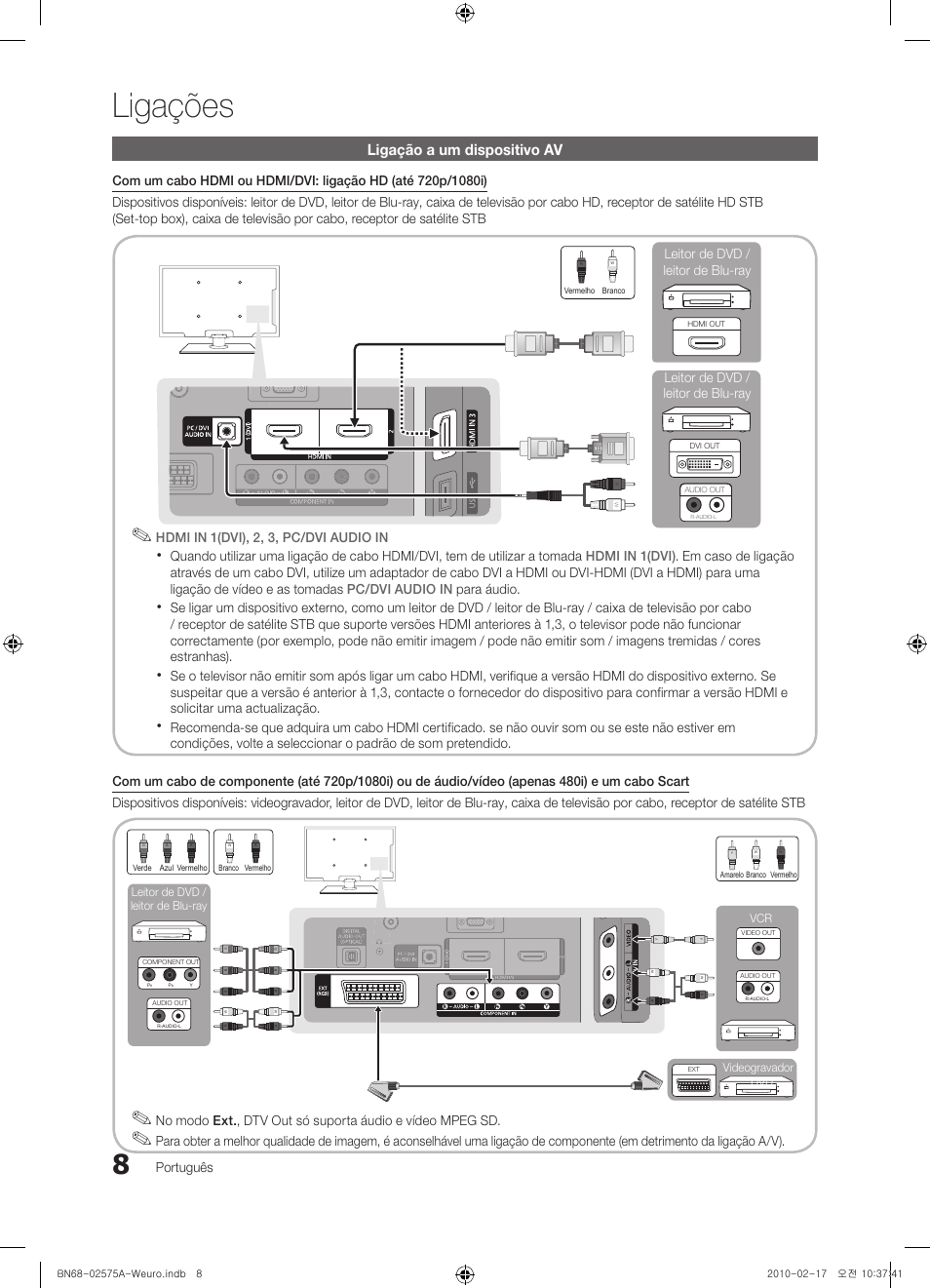 Ligações, Ligação a um dispositivo av | Samsung PS50C450B1W User Manual | Page 248 / 361
