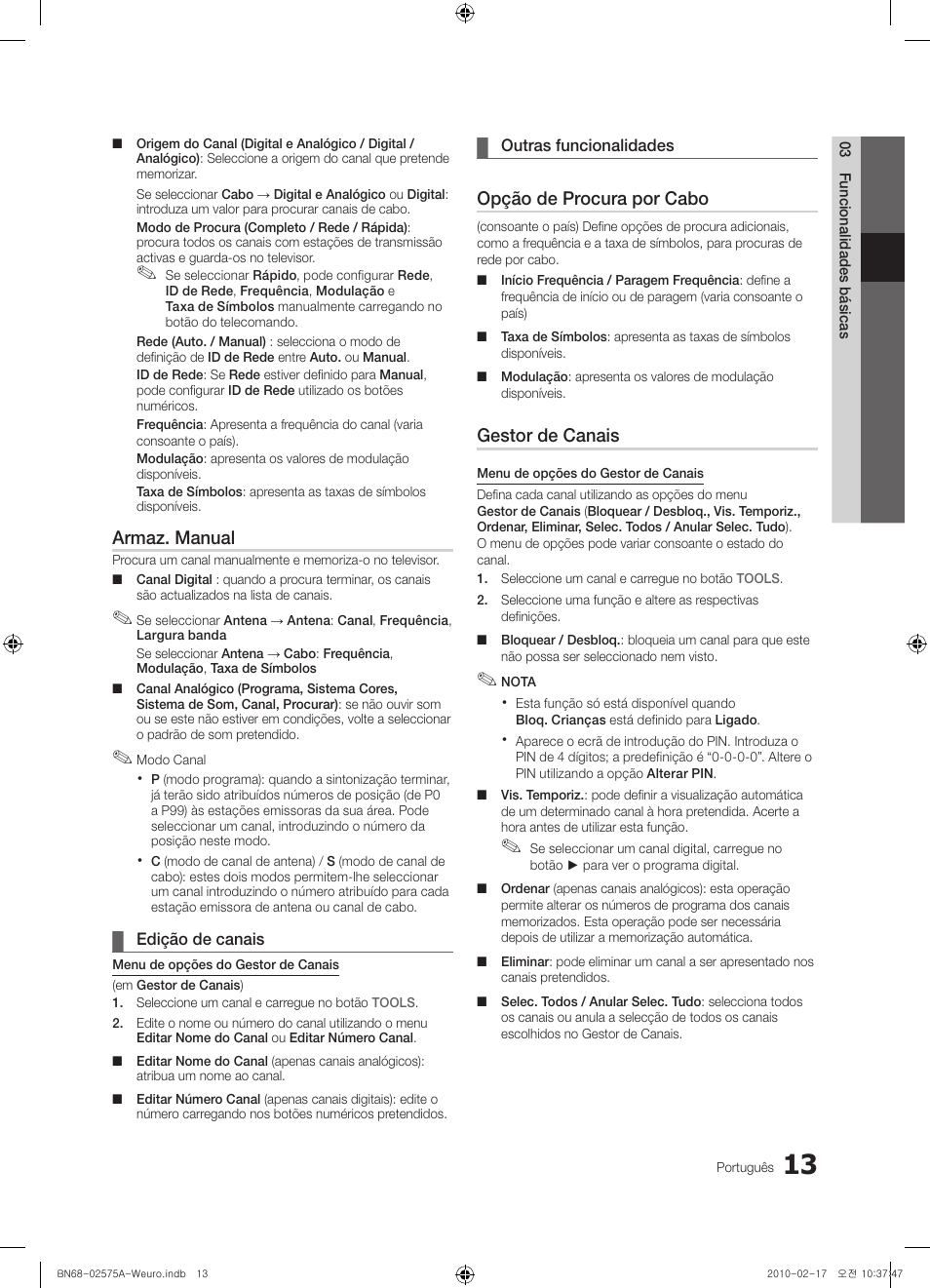 Armaz. manual, Opção de procura por cabo, Gestor de canais | Samsung PS50C450B1W User Manual | Page 253 / 361