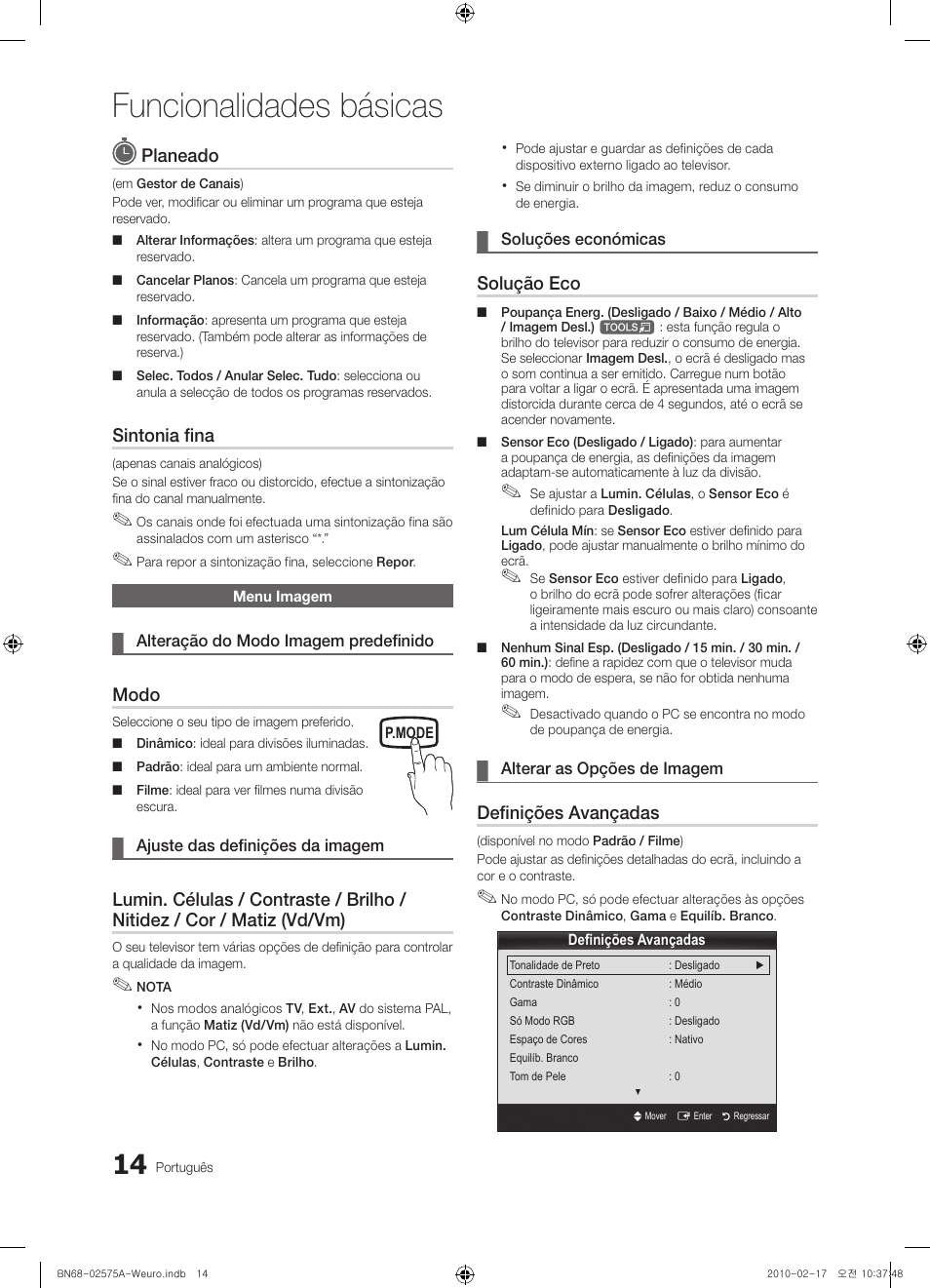 Funcionalidades básicas, Planeado, Sintonia fina | Modo, Solução eco, Definições avançadas | Samsung PS50C450B1W User Manual | Page 254 / 361