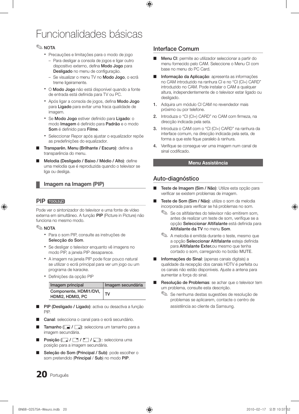 Funcionalidades básicas, Interface comum, Auto-diagnóstico | Samsung PS50C450B1W User Manual | Page 260 / 361