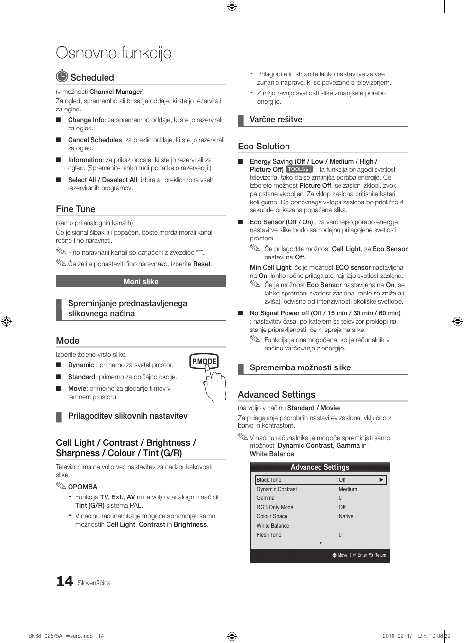 Osnovne funkcije, Scheduled, Fine tune | Mode, Eco solution, Advanced settings | Samsung PS50C450B1W User Manual | Page 294 / 361