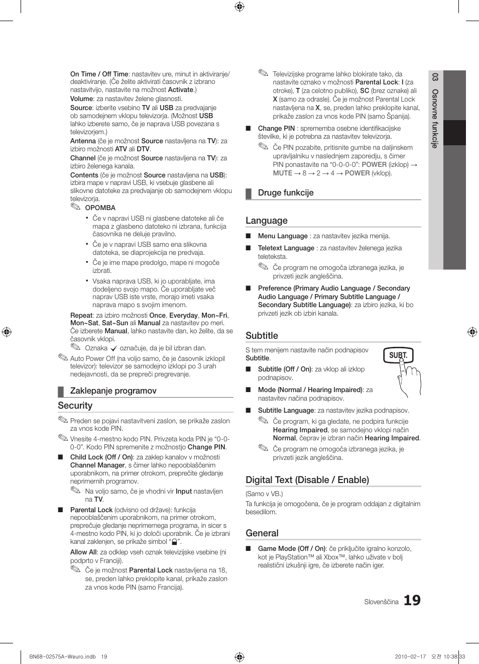 Security, Language, Subtitle | Digital text (disable / enable), General | Samsung PS50C450B1W User Manual | Page 299 / 361