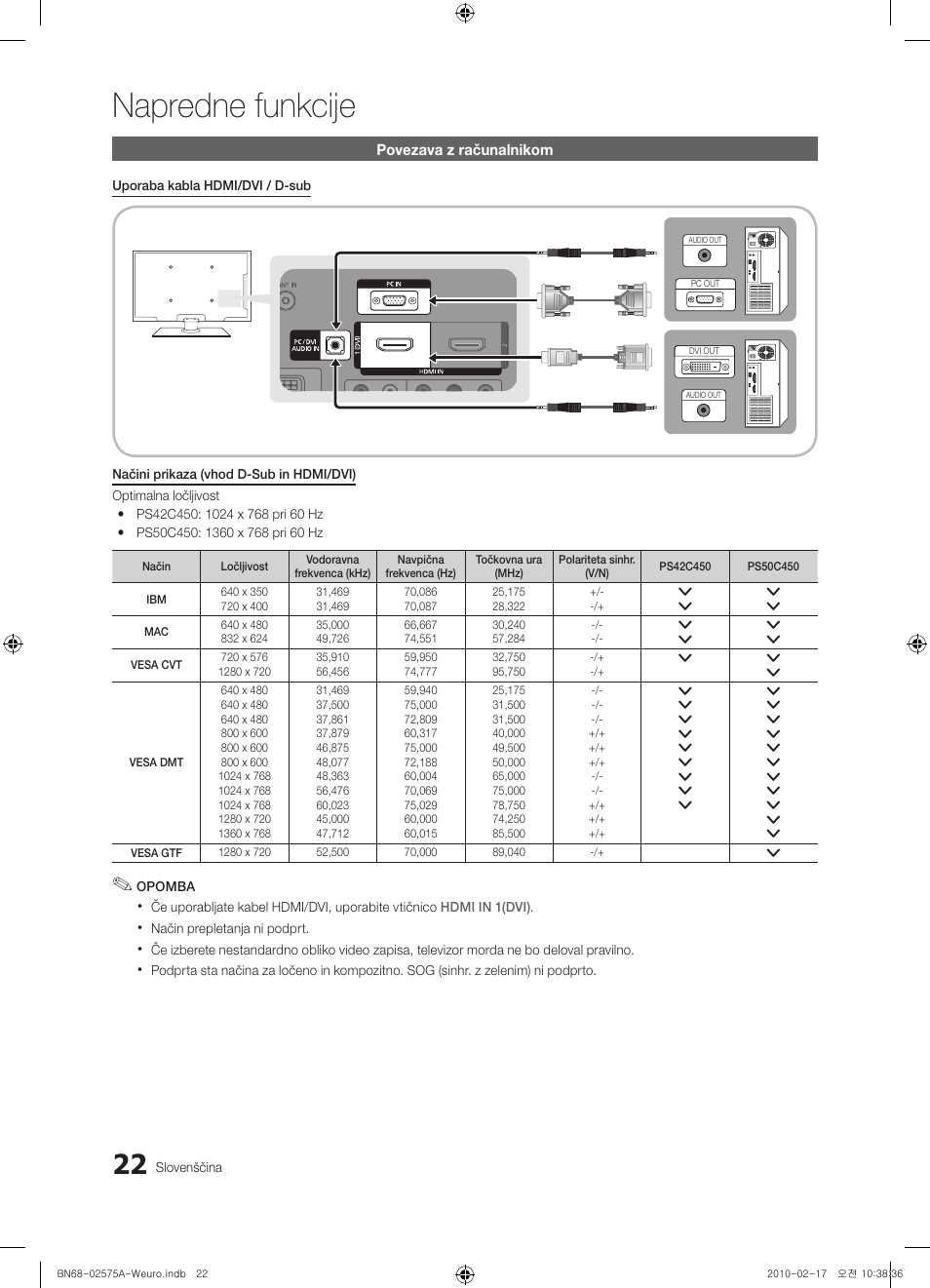 Napredne funkcije | Samsung PS50C450B1W User Manual | Page 302 / 361