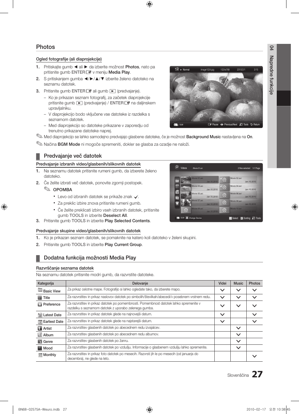 Photos, Predvajanje več datotek, Dodatna funkcija možnosti media play | Samsung PS50C450B1W User Manual | Page 307 / 361