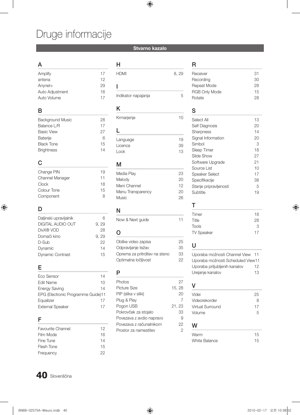 Druge informacije | Samsung PS50C450B1W User Manual | Page 320 / 361