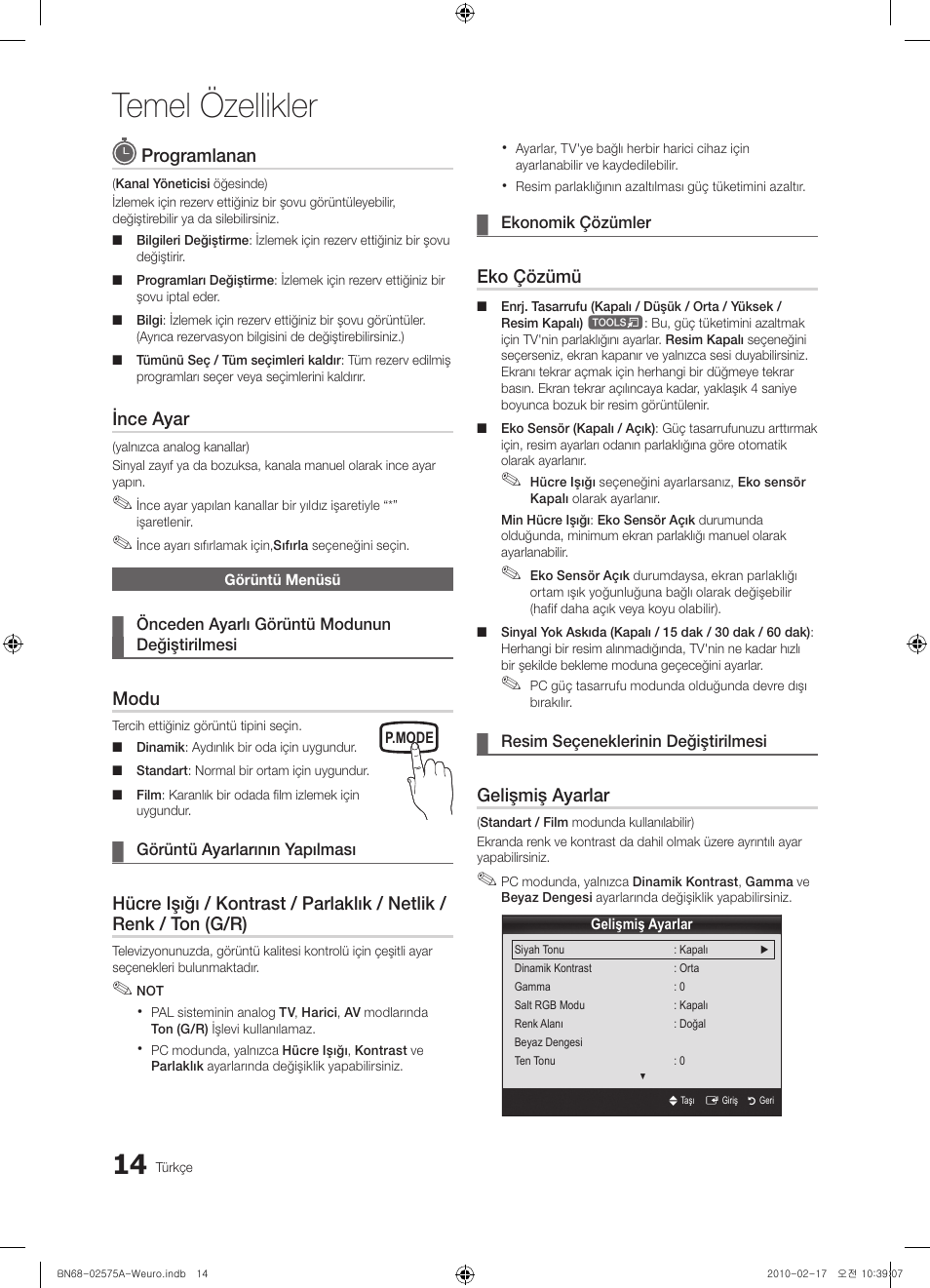 Temel özellikler, Programlanan, Ince ayar | Modu, Eko çözümü, Gelişmiş ayarlar | Samsung PS50C450B1W User Manual | Page 334 / 361