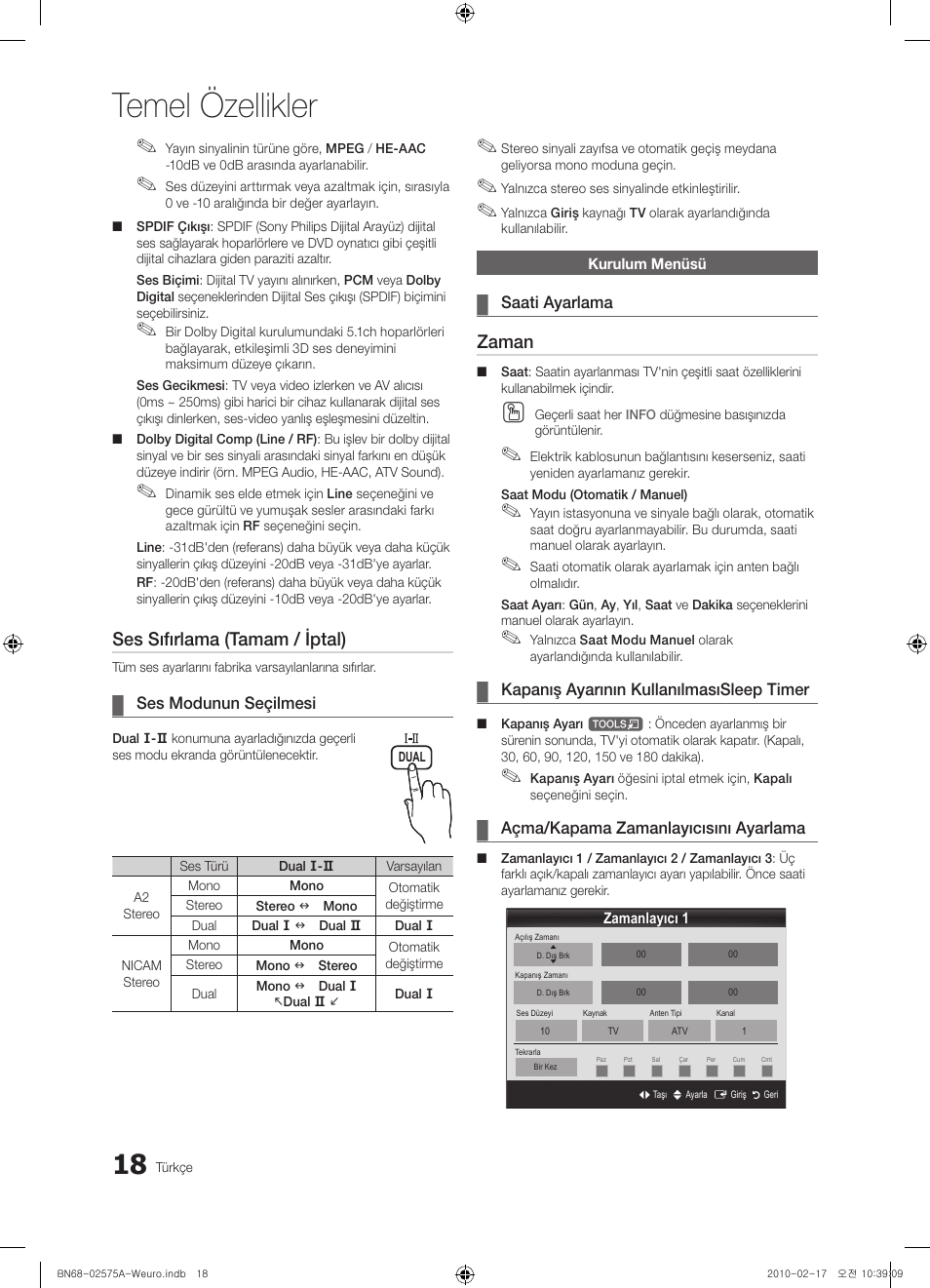 Temel özellikler, Ses sıfırlama (tamam / iptal), Zaman | Samsung PS50C450B1W User Manual | Page 338 / 361