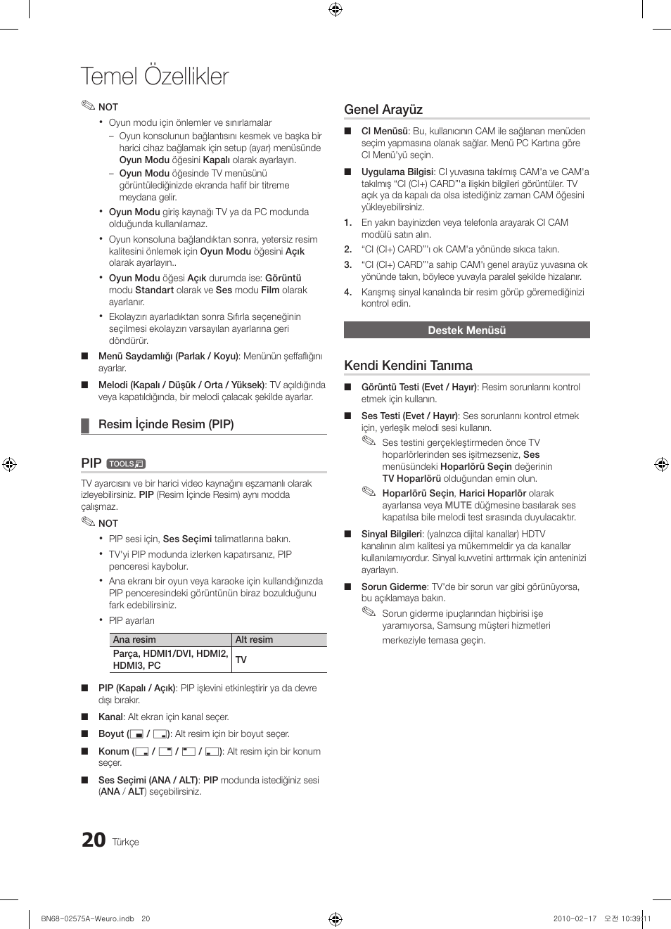 Temel özellikler, Genel arayüz, Kendi kendini tanıma | Samsung PS50C450B1W User Manual | Page 340 / 361