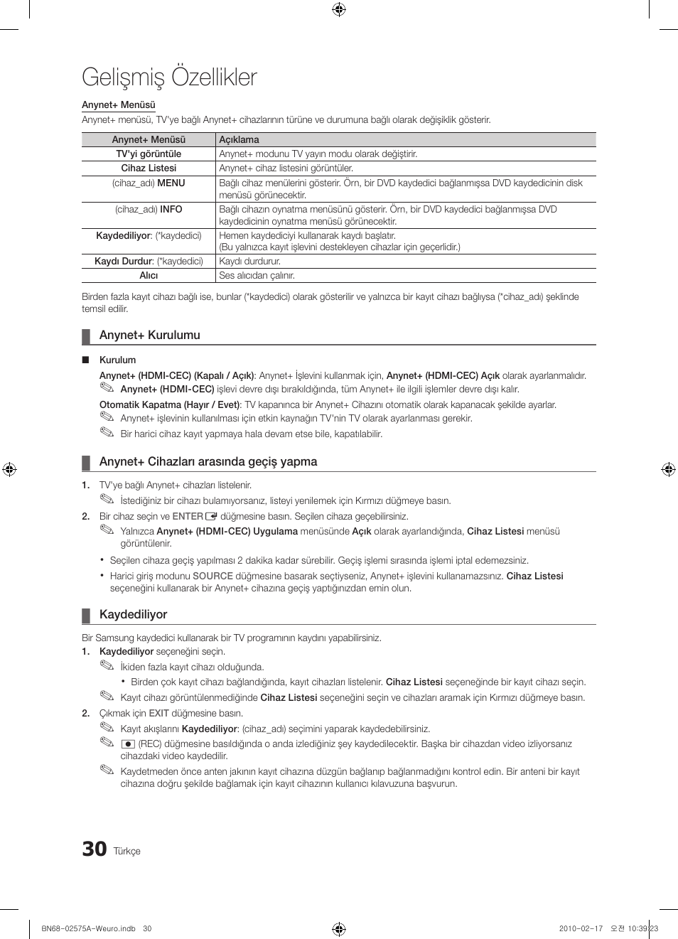 Gelişmiş özellikler | Samsung PS50C450B1W User Manual | Page 350 / 361