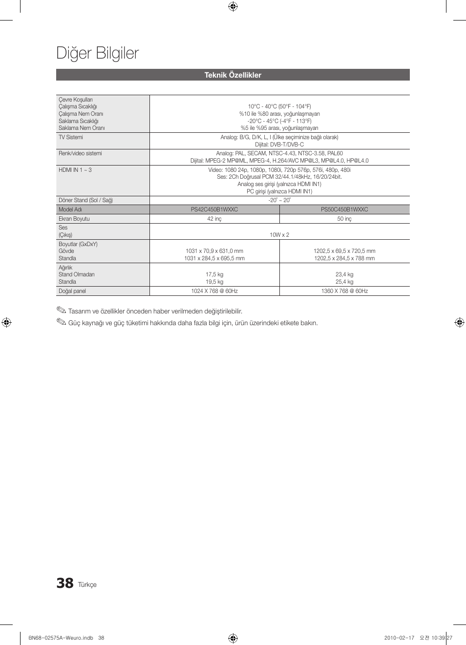 Diğer bilgiler | Samsung PS50C450B1W User Manual | Page 358 / 361