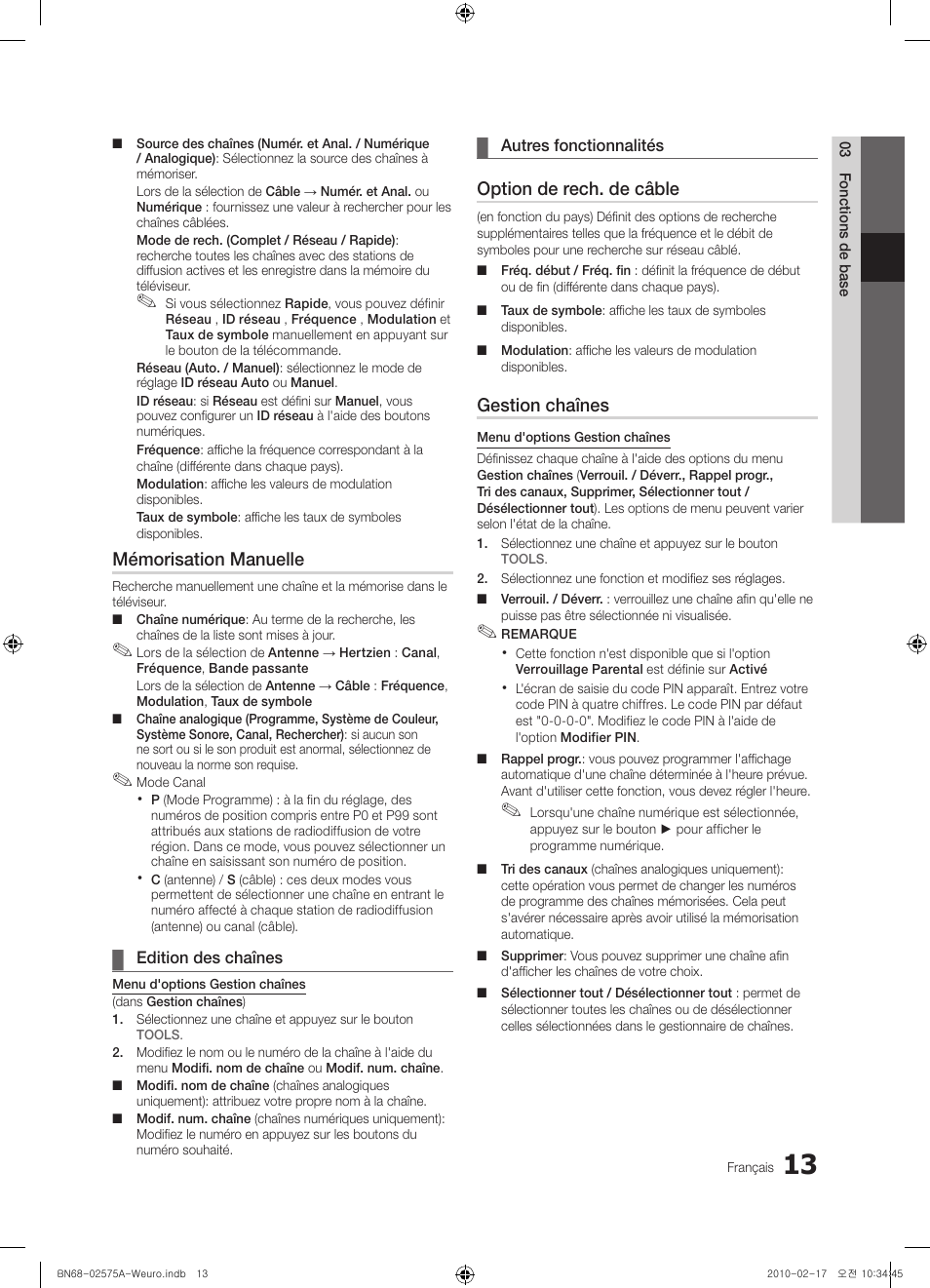 Mémorisation manuelle, Option de rech. de câble, Gestion chaînes | Samsung PS50C450B1W User Manual | Page 53 / 361