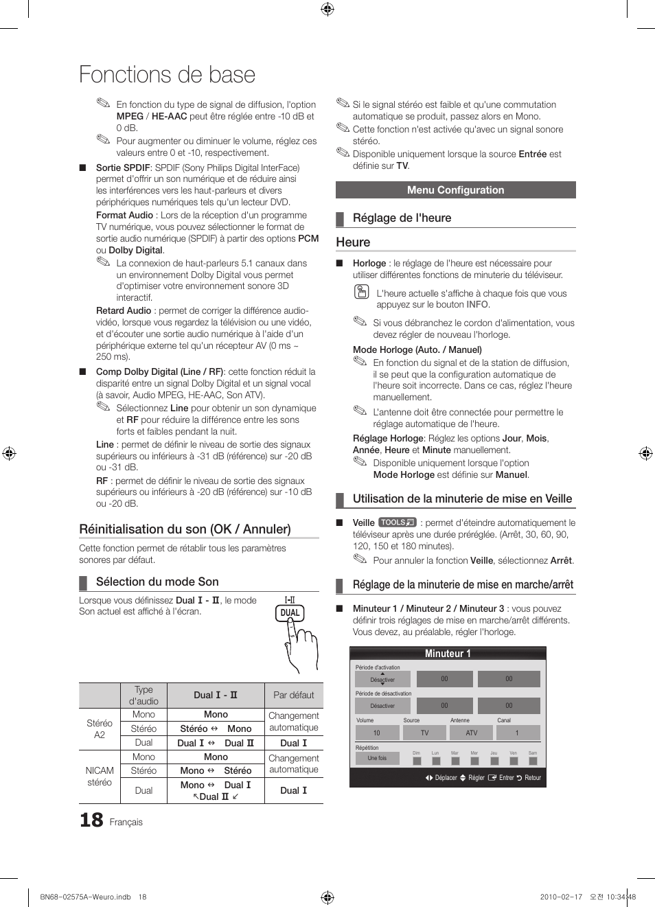 Fonctions de base, Réinitialisation du son (ok / annuler), Heure | Samsung PS50C450B1W User Manual | Page 58 / 361