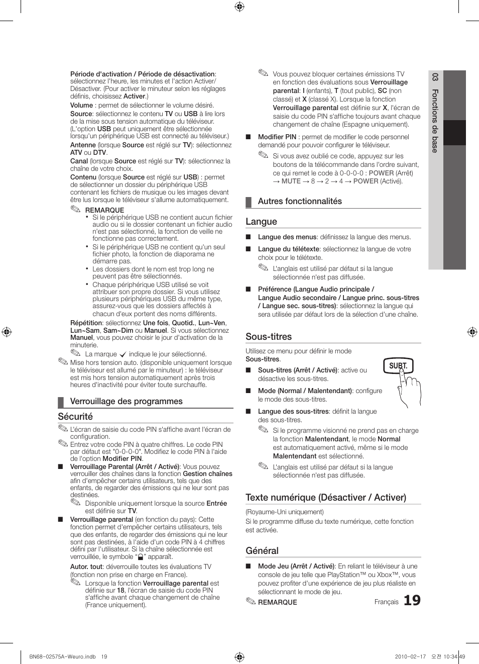 Sécurité, Langue, Sous-titres | Texte numérique (désactiver / activer), Général | Samsung PS50C450B1W User Manual | Page 59 / 361