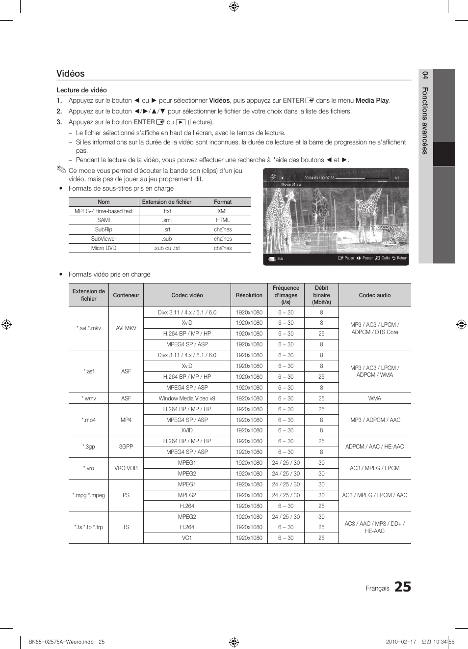 Vidéos | Samsung PS50C450B1W User Manual | Page 65 / 361