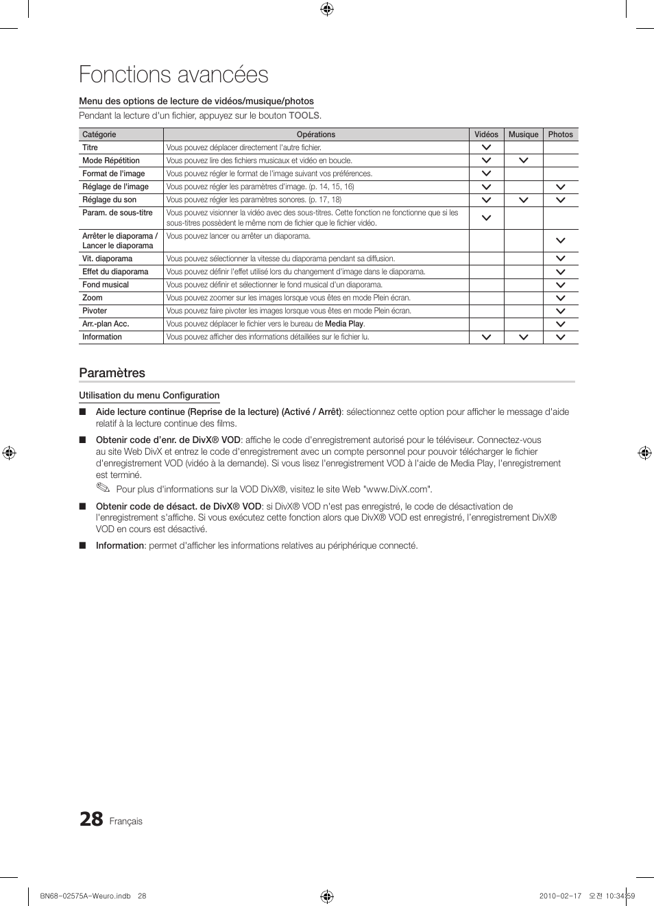 Fonctions avancées, Paramètres | Samsung PS50C450B1W User Manual | Page 68 / 361