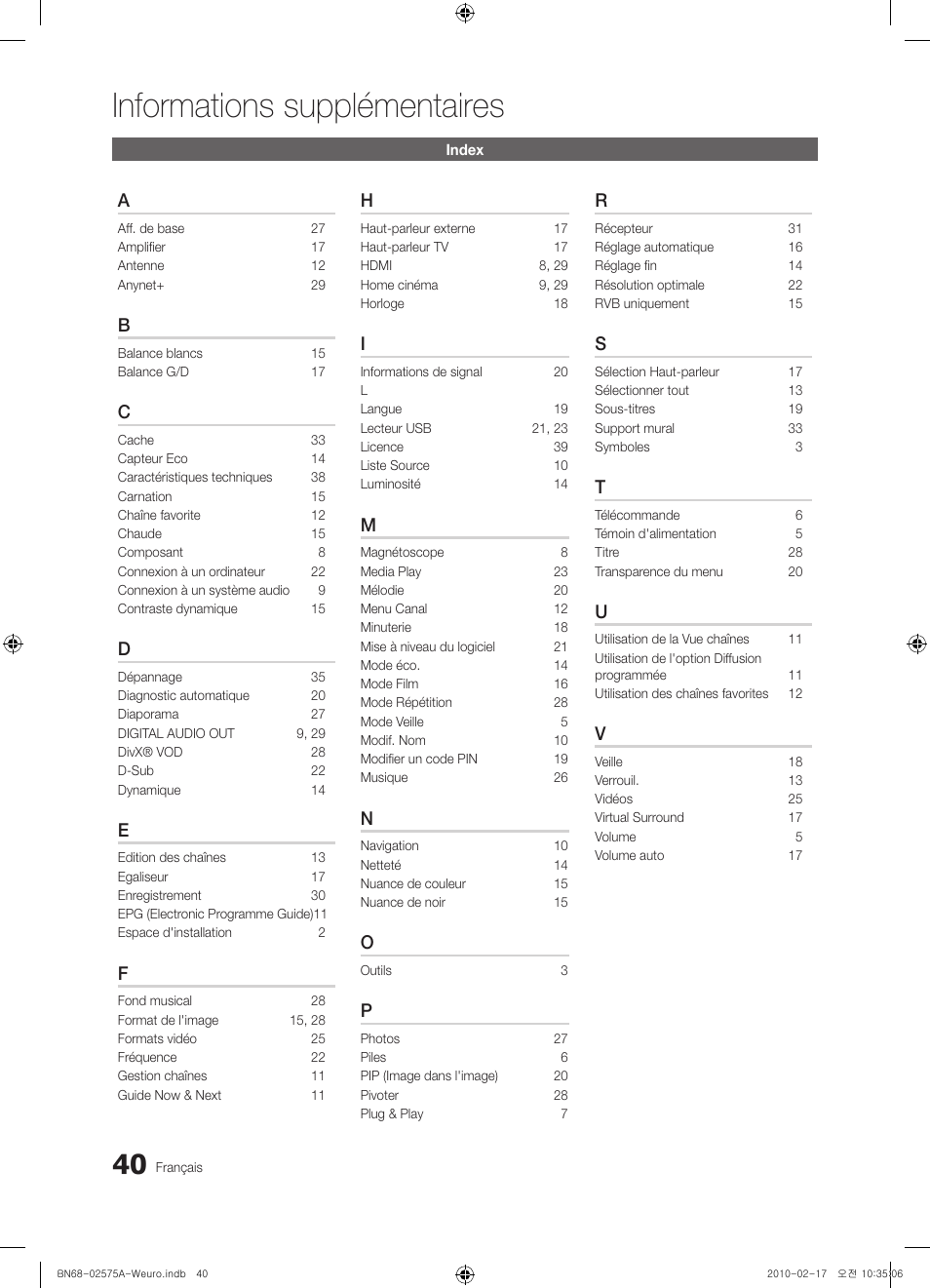 Informations supplémentaires | Samsung PS50C450B1W User Manual | Page 80 / 361