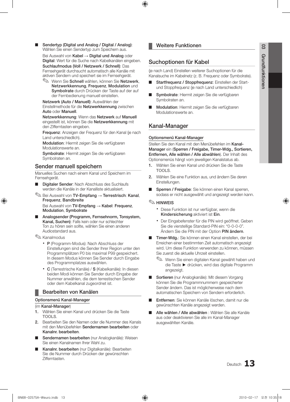 Sender manuell speichern, Suchoptionen für kabel, Kanal-manager | Samsung PS50C450B1W User Manual | Page 93 / 361