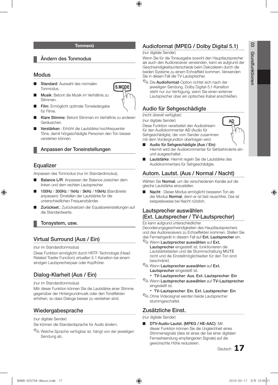 Modus, Equalizer, Virtual surround (aus / ein) | Dialog-klarheit (aus / ein), Wiedergabesprache, Audioformat (mpeg / dolby digital 5.1), Audio für sehgeschädigte, Autom. lautst. (aus / normal / nacht), Zusätzliche einst | Samsung PS50C450B1W User Manual | Page 97 / 361