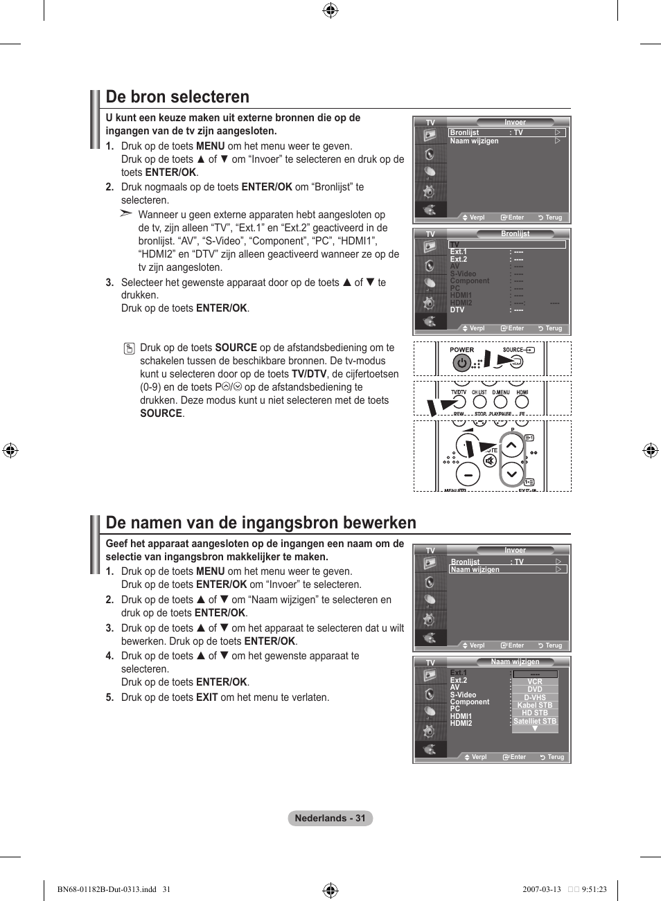 De bron selecteren, De namen van de ingangsbron bewerken | Samsung LE40S86BD User Manual | Page 207 / 466