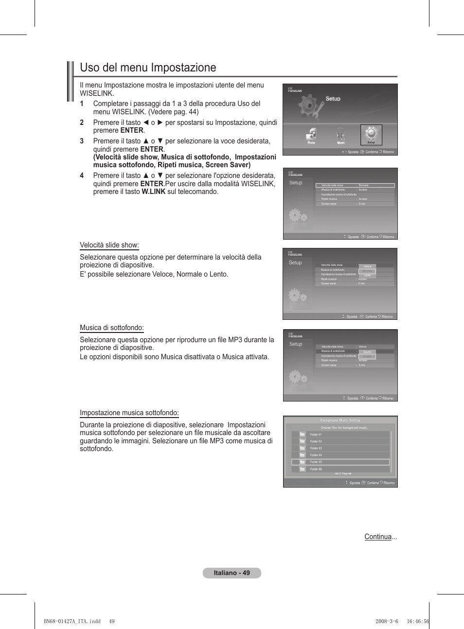 Uso del menu impostazione, Italiano - 4 | Samsung PS50A557S3F User Manual | Page 296 / 495