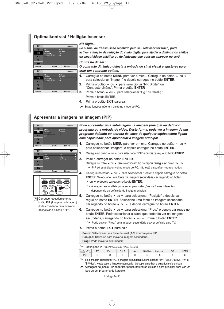 Apresentar a imagem na imagem (pip), Optimalkontrast / helligkeitssensor | Samsung LE26R32B User Manual | Page 118 / 152
