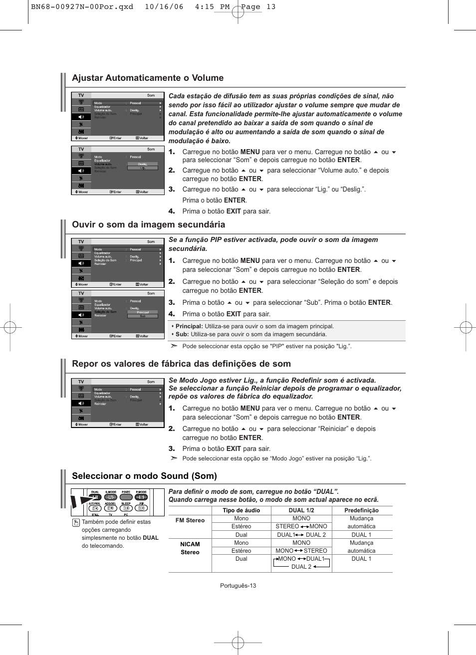 Ajustar automaticamente o volume, Ouvir o som da imagem secundária | Samsung LE26R32B User Manual | Page 120 / 152