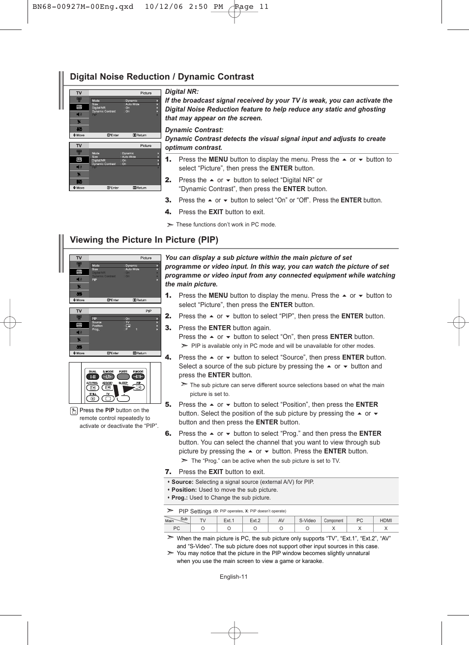 Digital noise reduction / dynamic contrast, Viewing the picture in picture (pip) | Samsung LE26R32B User Manual | Page 13 / 152