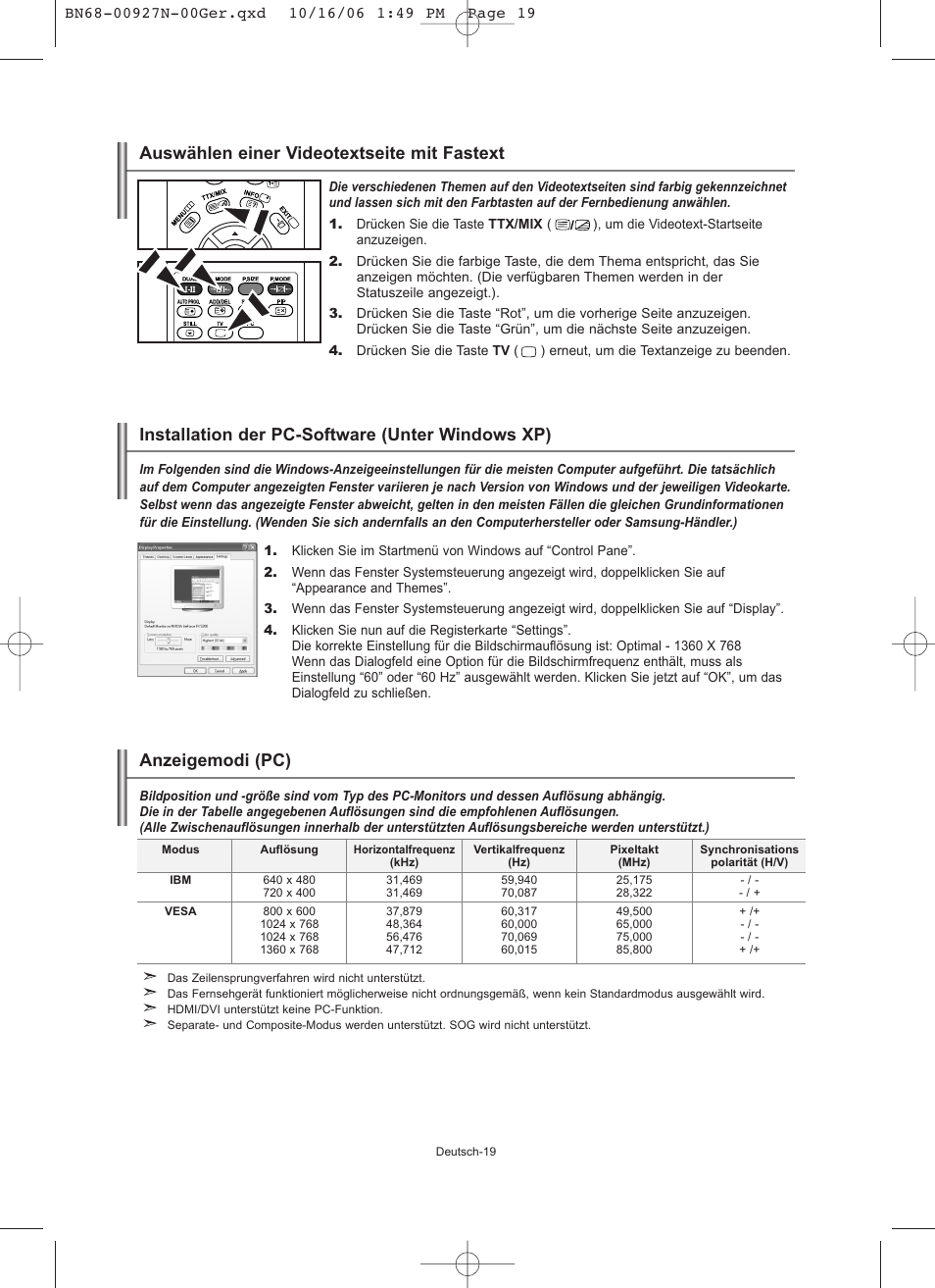 Auswählen einer videotextseite mit fastext, Installation der pc-software (unter windows xp), Anzeigemodi (pc) | Samsung LE26R32B User Manual | Page 63 / 152