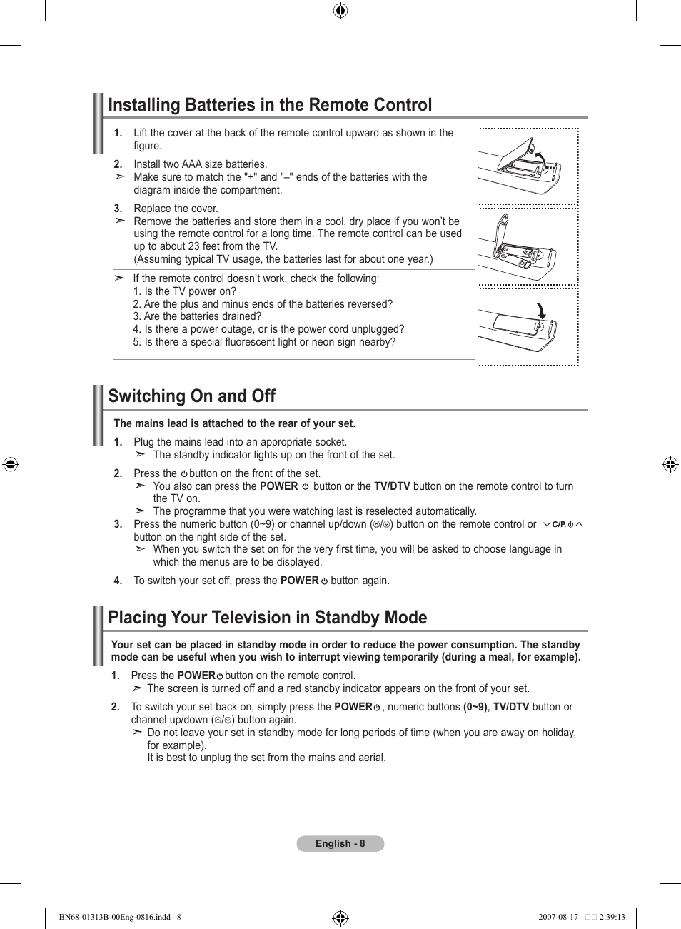 Installing batteries in the remote control, Switching on and off, Placing your television in standby mode | Samsung LE52F96BD User Manual | Page 10 / 516