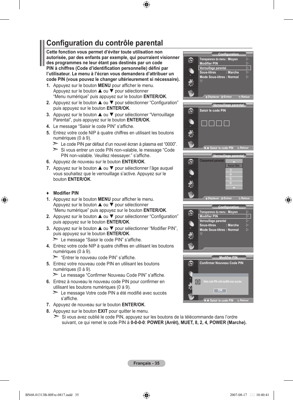 Configuration du contrôle parental | Samsung LE52F96BD User Manual | Page 101 / 516