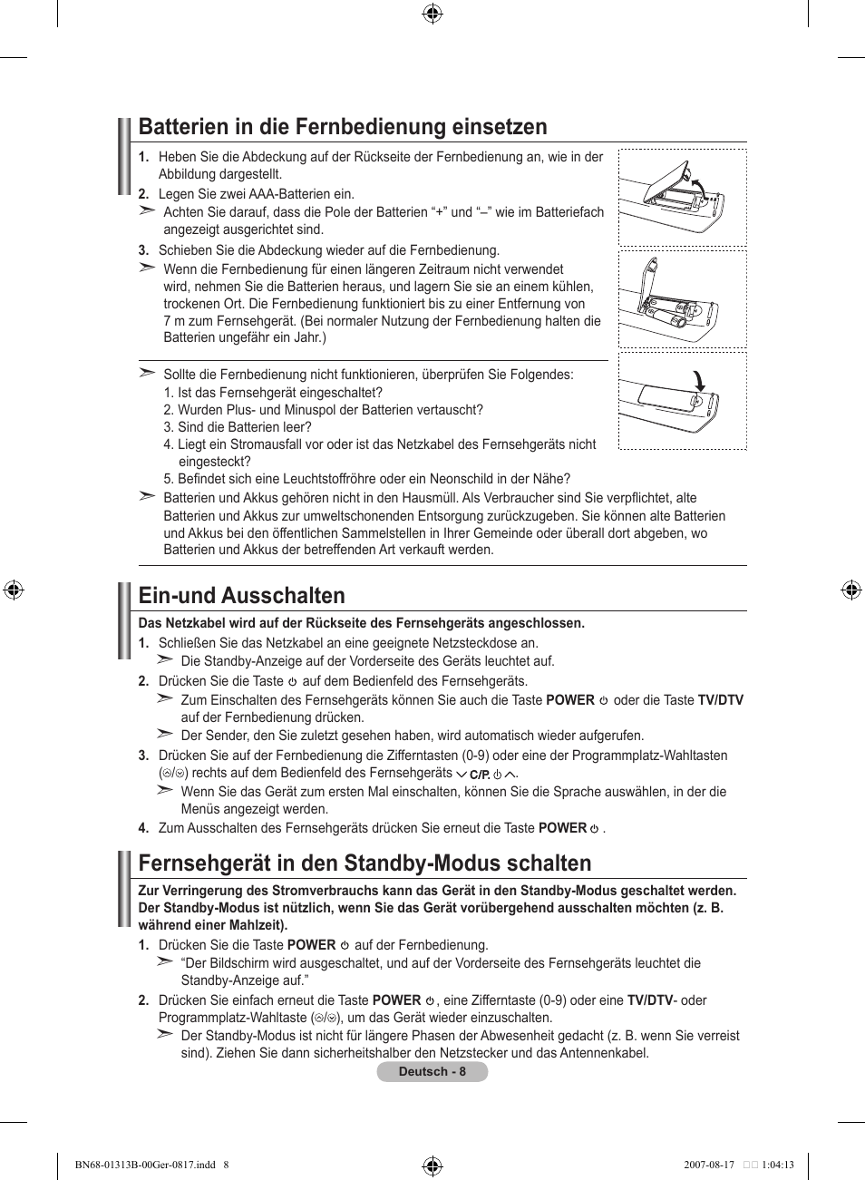 Batterien in die fernbedienung einsetzen, Ein-und ausschalten, Fernsehgerät in den standby-modus schalten | Samsung LE52F96BD User Manual | Page 138 / 516