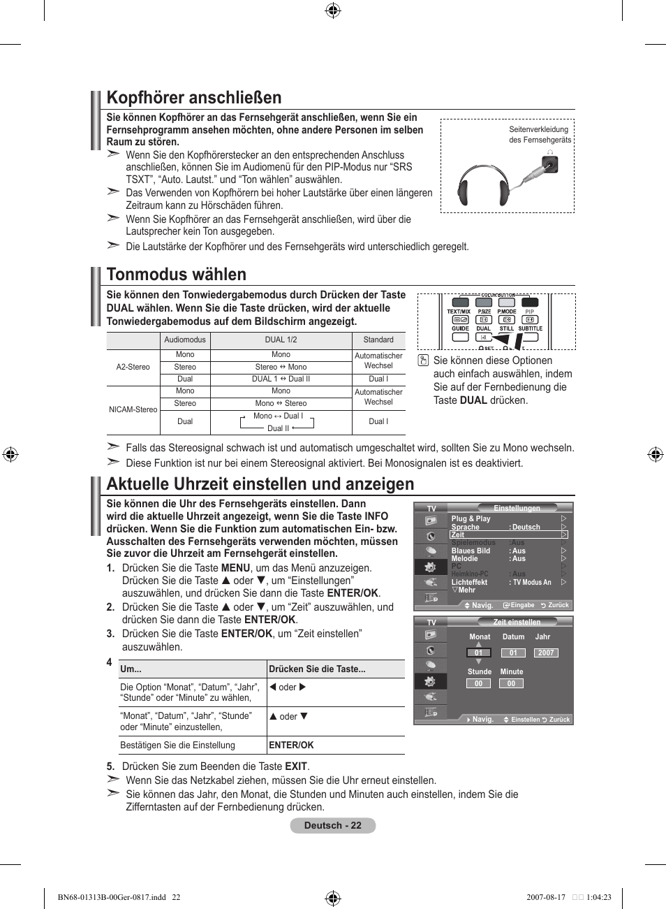 Kopfhörer anschließen, Tonmodus wählen, Aktuelle uhrzeit einstellen und anzeigen | Samsung LE52F96BD User Manual | Page 152 / 516