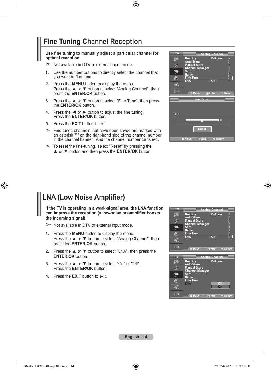 Fine tuning channel reception, Lna (low noise amplifier) | Samsung LE52F96BD User Manual | Page 16 / 516
