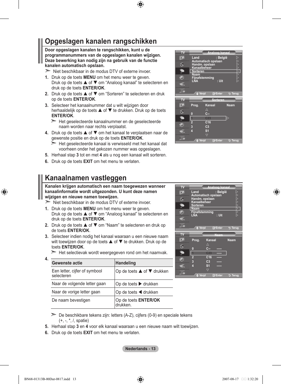 Opgeslagen kanalen rangschikken, Kanaalnamen vastleggen | Samsung LE52F96BD User Manual | Page 207 / 516