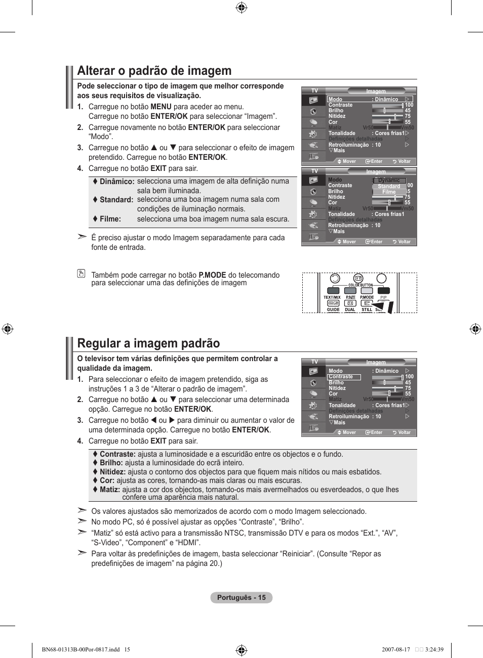 Alterar o padrão de imagem, Regular a imagem padrão | Samsung LE52F96BD User Manual | Page 403 / 516