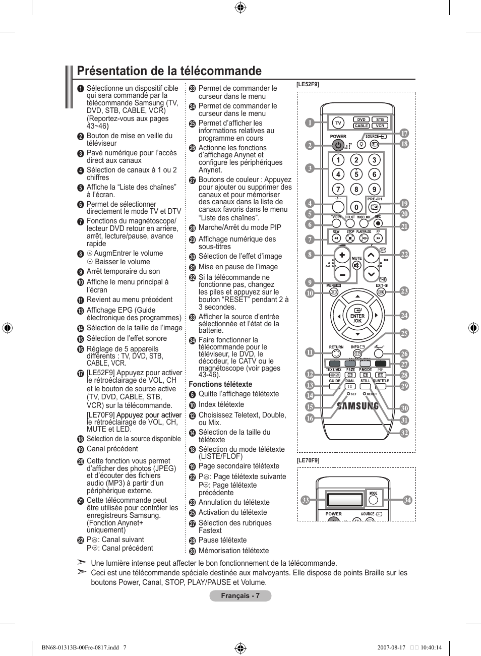 Présentation de la télécommande | Samsung LE52F96BD User Manual | Page 73 / 516