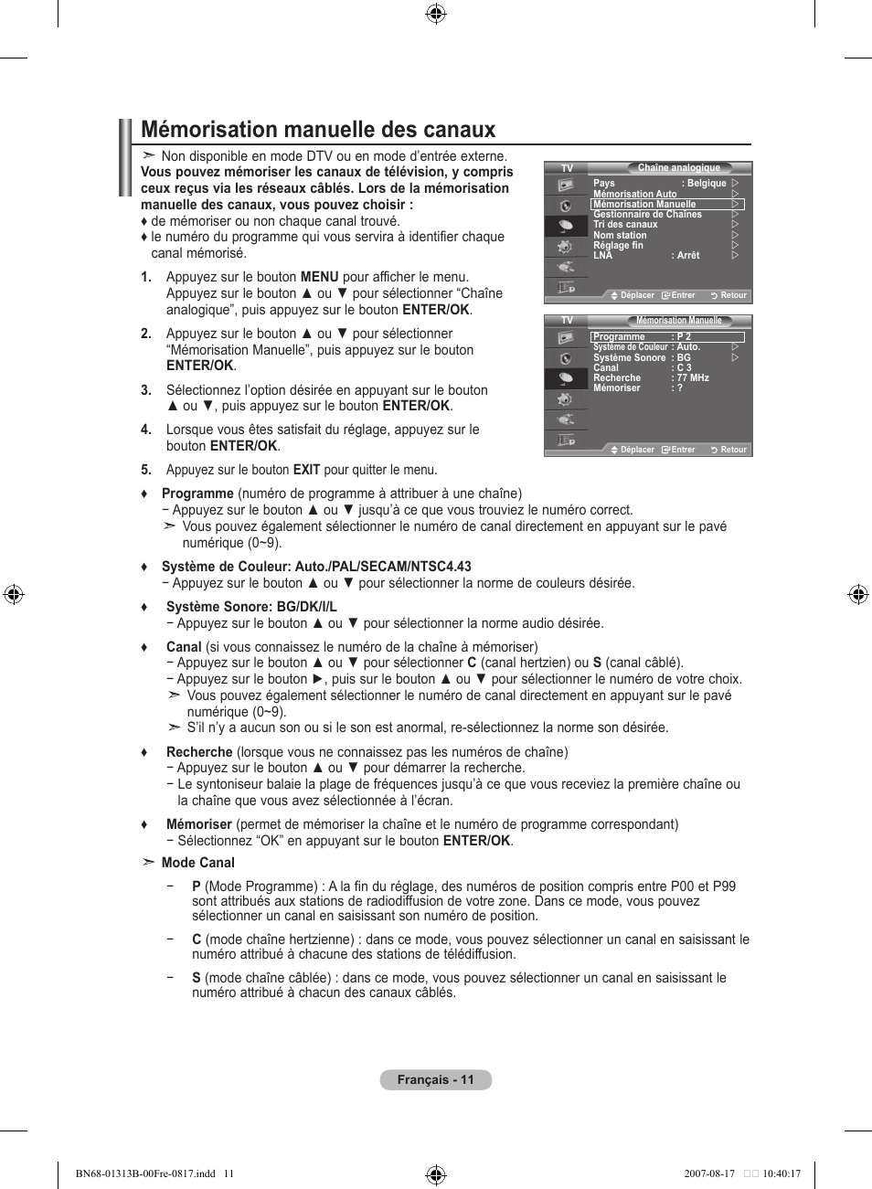 Mémorisation manuelle des canaux | Samsung LE52F96BD User Manual | Page 77 / 516